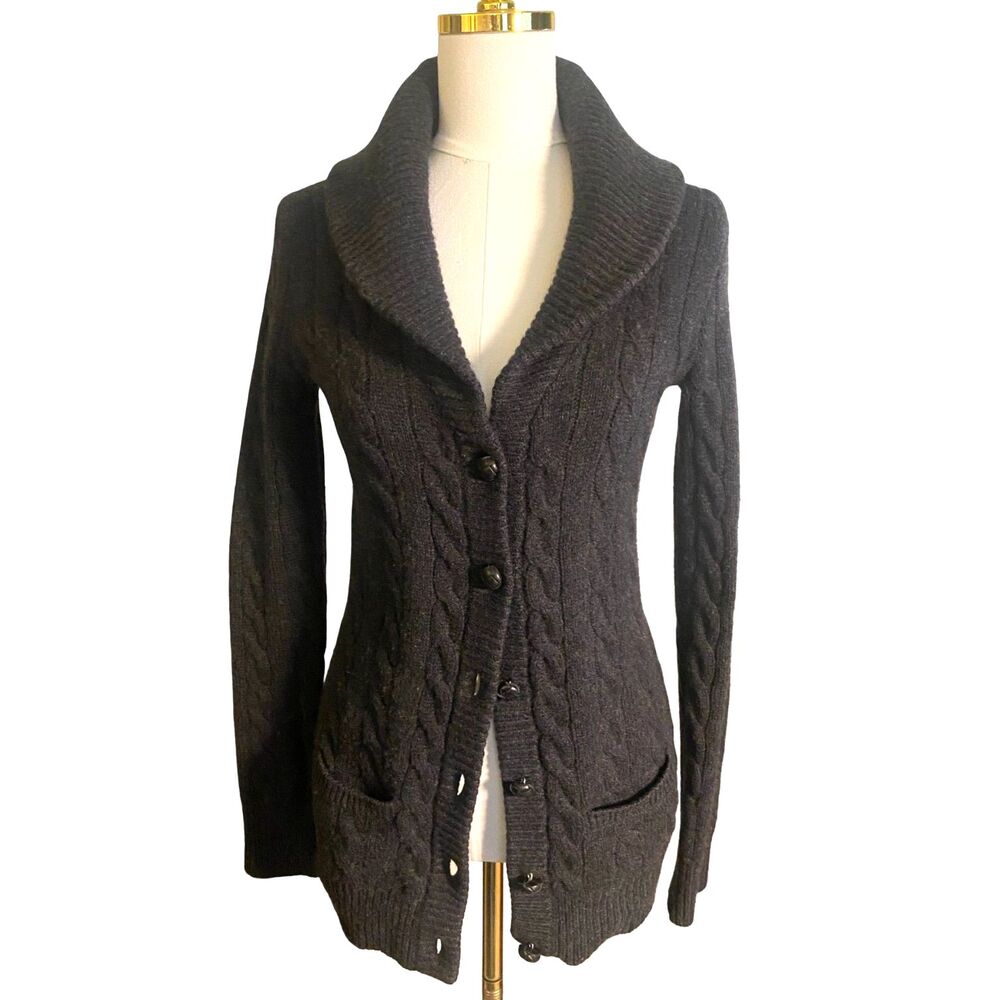 VTG Ralph Lauren Cashmere Wool Cable Knit Cardigan Sweater S Shawl Collar Gray